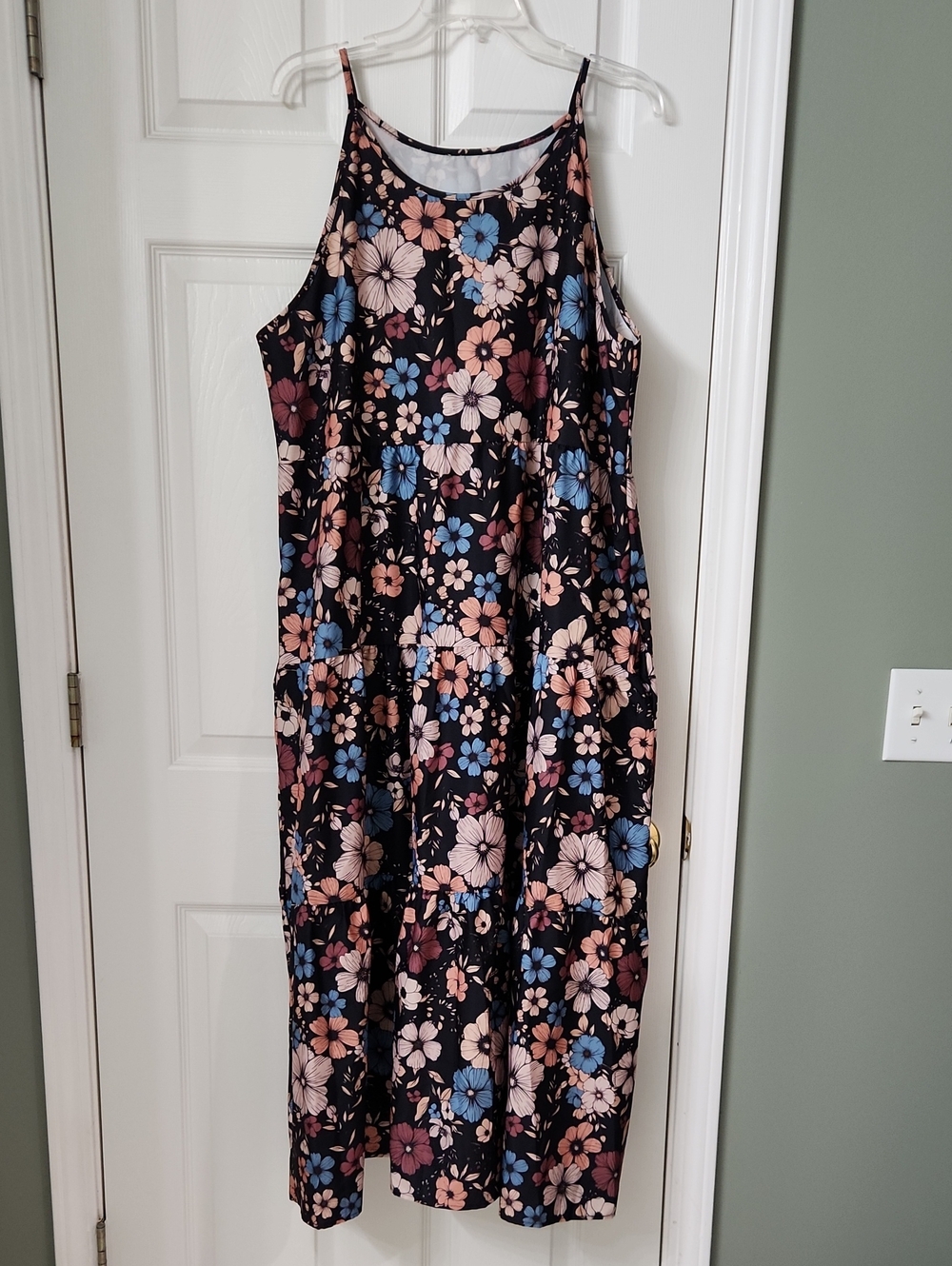 Sleeveless Black Floral Midi Dress in Cream & Blue